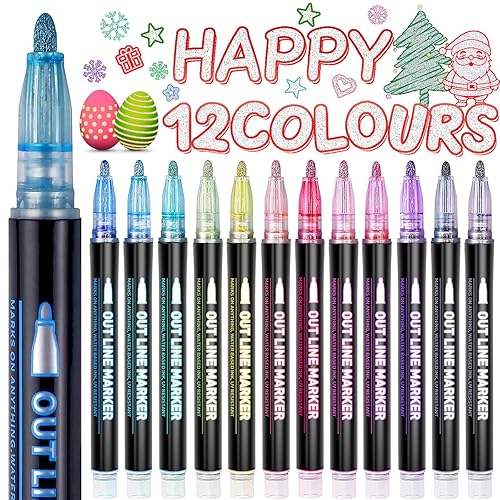Lenski Stocking Fillers Kids, Gifts for Teenage Girls Birthday Presents, 12 Glitter Pens Outline Marker Pens, Arts and Crafts for Kids, Gifts for 4-13 Year Old Girls, Colouring Pens Art Supplies