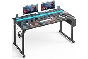 DurayLoly 55 Inch Computer Desk with LED Lights, Gaming Desk with Storage Bag for Home Office, Simple Office Desk with Headphone Hook for Study Writing Work Desk,Sturdy Metal Frame,Black