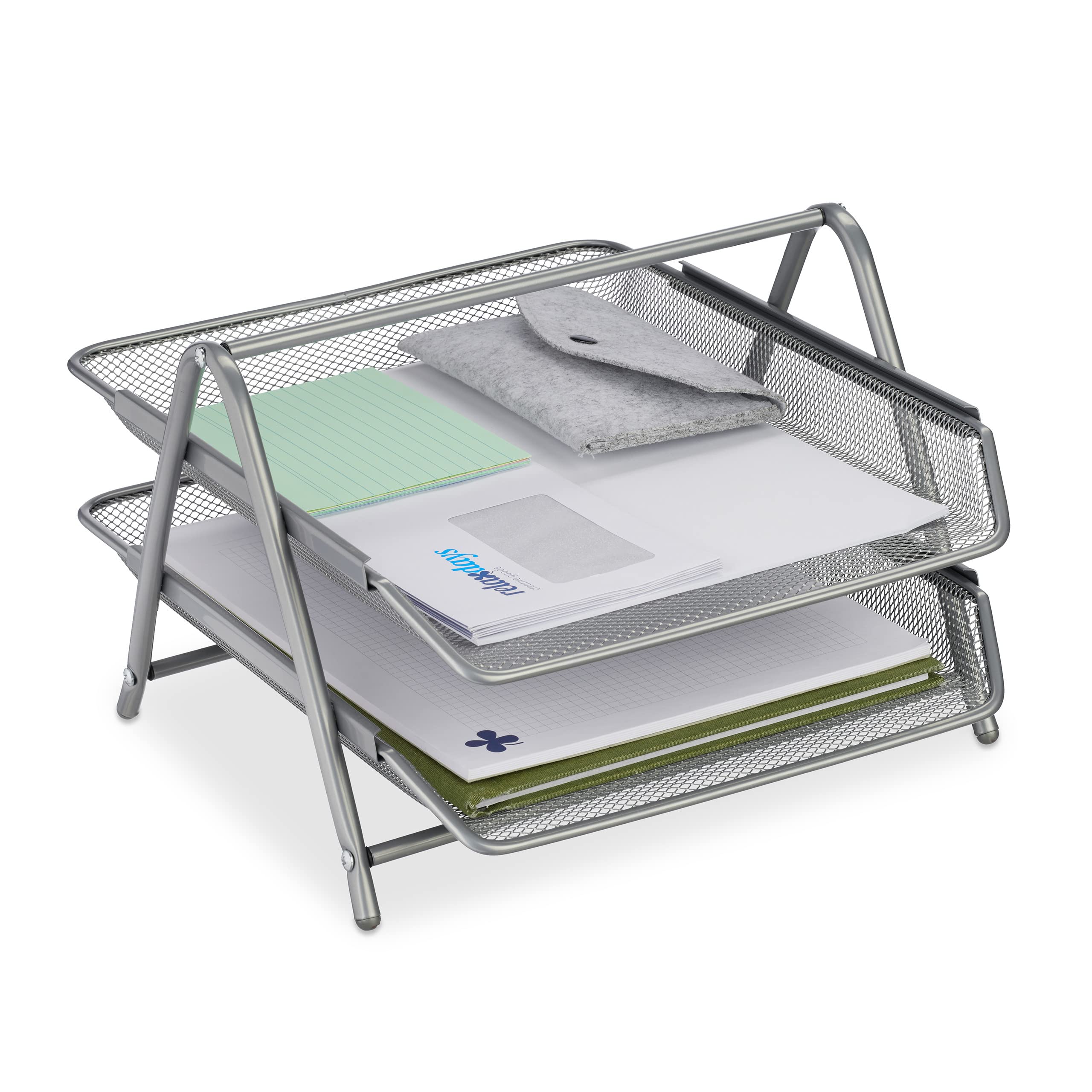 Relaxdays Document Tray, 2 Compartments, Office, H x W x D: 20.5 x 30 x 35.5 cm, Mesh Style, Metal, Silver, Steel