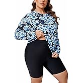 Halcurt Women's Built in Bra Long Sleeve Rash Guard Plus Size 2 Piece Swimsuit Shirt and Shorts