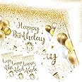 Happy Birthday Tablecloths,Gold and White Birthday Party Decorations 3pcs Gold Confetti Disposable Table Cover for Indoor or Outdoor Girls Boys Women Men’s 21st 30th 50th Birthday Party