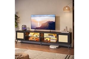 Bestier 80 Inch Black Rattan TV Stand with Storage for 85 Inch TV, 4-in-1 Mid Century Modern Entertainment Center with LED Lights, Doors and Adjustable Glass Shelves for Living Room