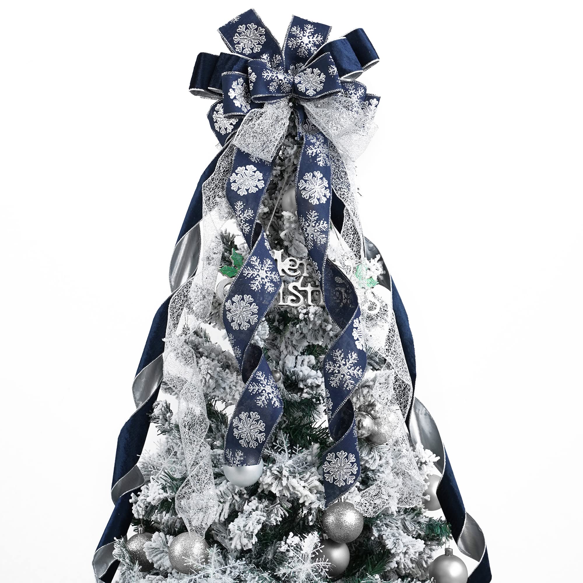 MEEDEE Navy Blue Tree Topper - 12 inch Wide Silver Glitter Yule Tree Wreath Bow - Christmas Decorations - Silver Snowflake Garland Bow - Holiday Lantern (1 Pack)