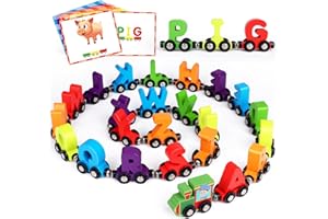 Helsort 27 PCS Magnetic Wooden Alphabet Train Set, ABC Learning Toy with 42 Flash Cards, 1 Engine and Storage Bag, Educational Letter Toy Trains for Toddlers, Boys Girls, Ideal Gift for 3-7 Year Olds