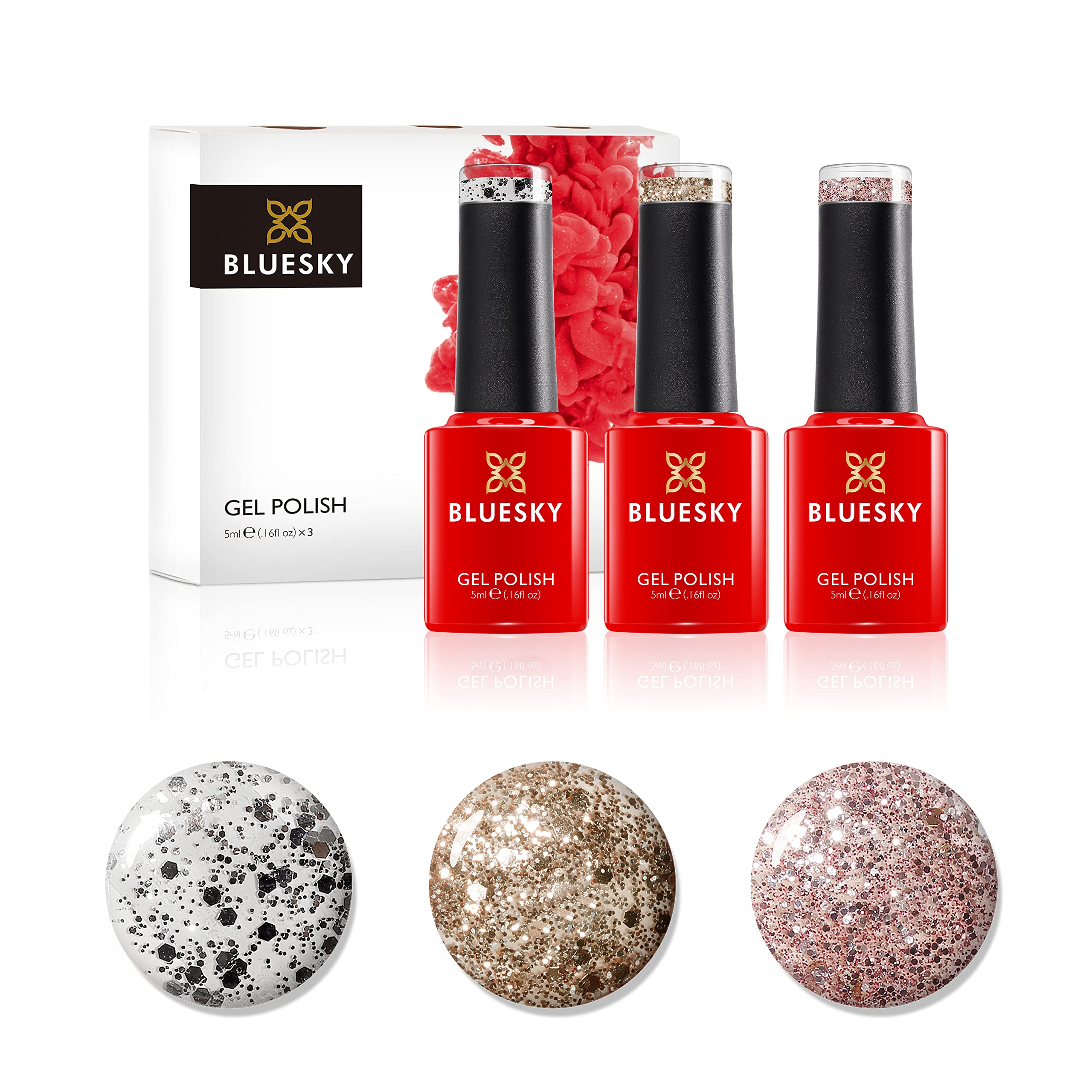 Bluesky Gel Nail Polish Set, Metallic Confetti, Ice Superstar Dc001, Gold Button Dc002, Razzle Dazzle Lt135, 3 x 5 ml Silver, Glitter (Requires Curing Under UV or LED Lamp)