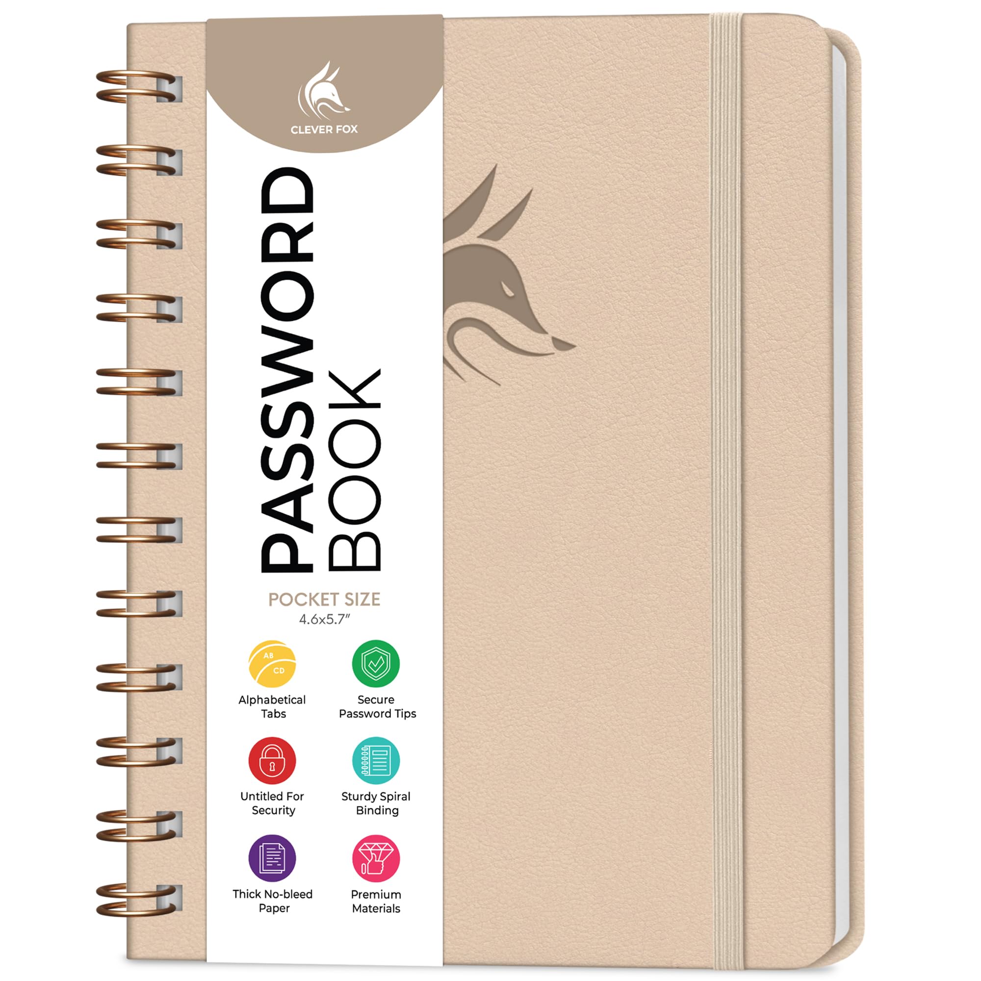 Clever Fox Password Book Spiral – Mini Internet Address Log with Alphabetical Tabs, Small Password Keeper & Organizer - Pocket 12x14cm (Seashell)