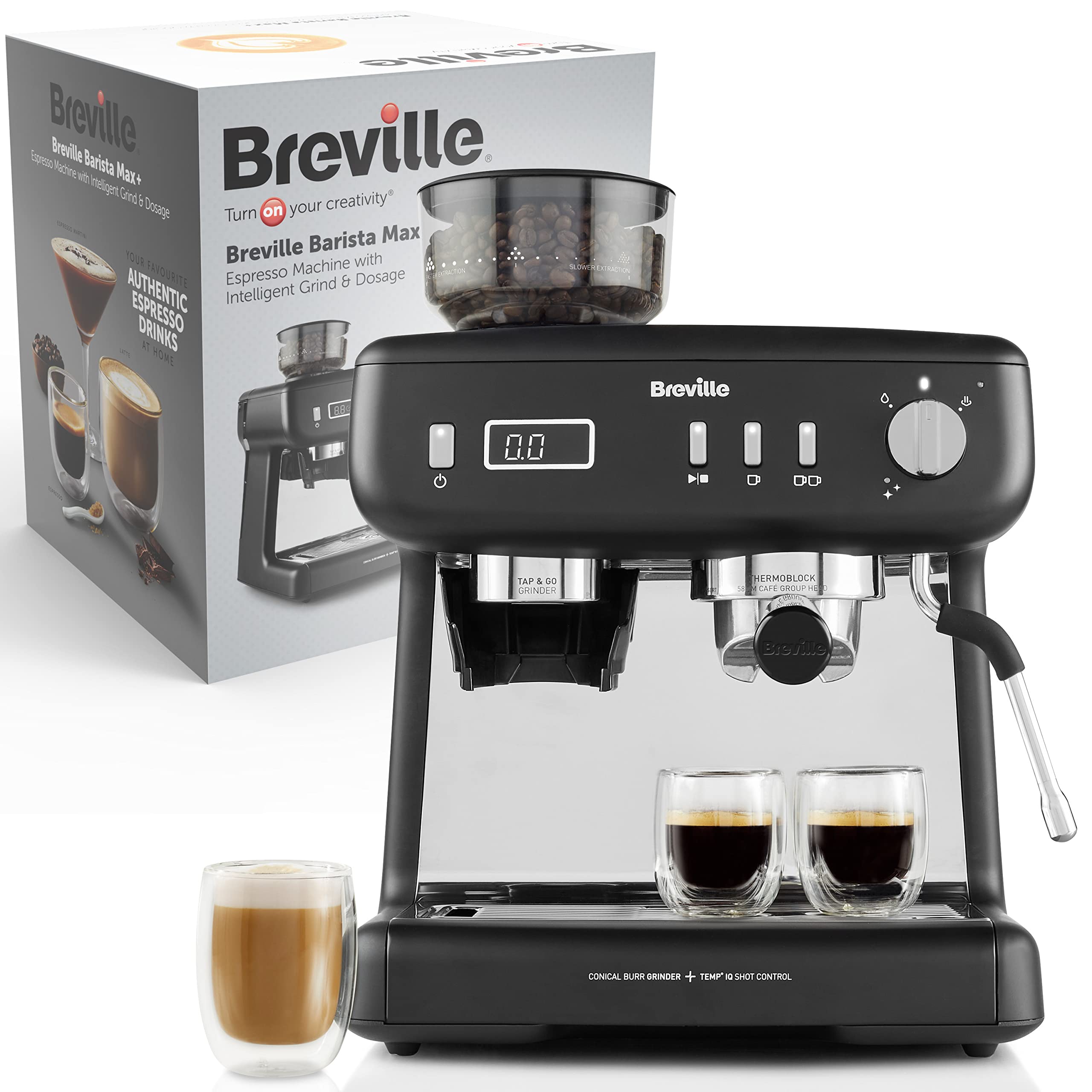 Breville Barista Max+ Machine À Expresso, Latte Et Cappuccino | Mouture Et Dosage Intelligent | Minuteur D'Extraction Précis | Mousseur De Lait Intégré | Pompe Italienne 15 Bars | Noir [Vcf152X]