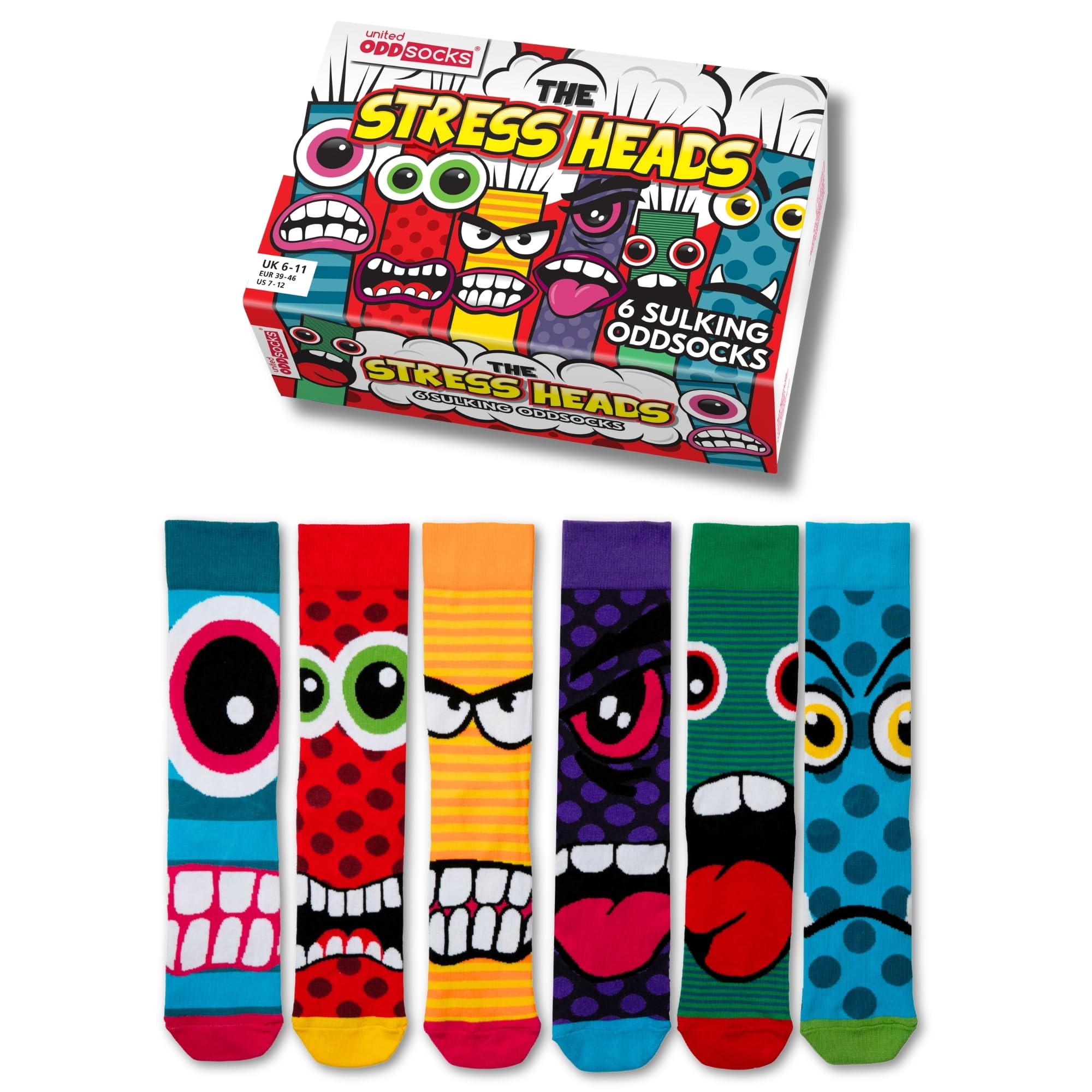United Oddsocks The Stress Heads Gift Box – 6 Sulking Odd Socks for Men – UK 6–11, EUR 39–46, US 7–12 – Funny Monster-Themed Mix & Match Socks – Colourful Gift for Birthdays, Father’s Day & Christmas