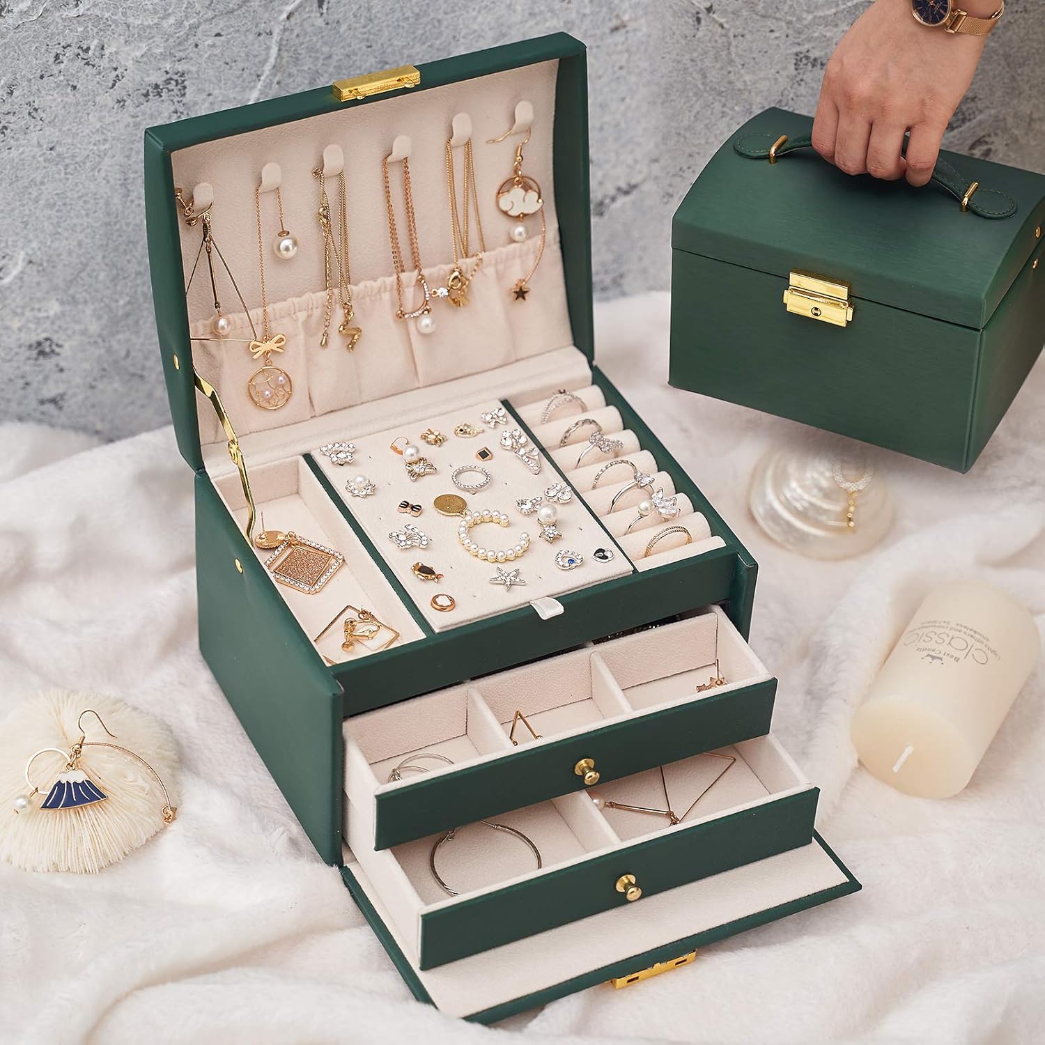 Jewelry Box for Women，jewelry organizer PU Leather 3 Laye with Drawers Large Lockable Display Jewelry Holder，for Earrings Bracelets Rings - Green: Home Improvement