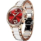 OLEVS Womens Automatic Watch, Premium Large Face Diamond Accented Self Winding Watches for Women, Fashion Waterproof Ladies Dress Watch, Two Tone Stainless Steel Ceramic Bracelet