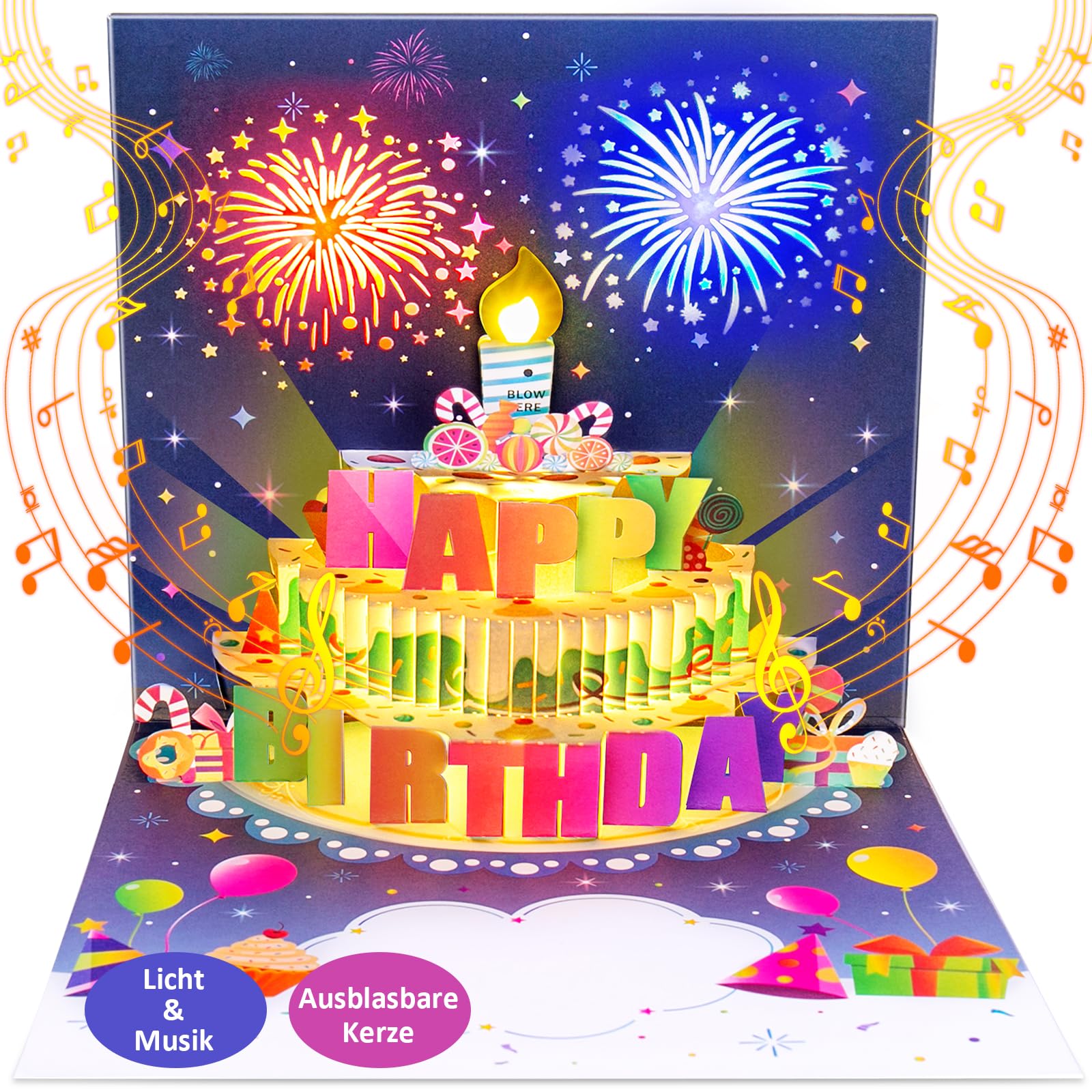 FITMITE Geburtstagskarte mit Musik Blowable LED Licht Kerze 3D Pop Up Karte Geburtstag mit Lichtern Happy Birthday Geschenke für Frau, Beste Freundin, Kinder, Schwestern, Familie.