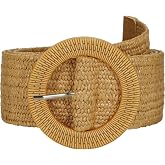 SUOSDEY Straw Woven stretchy Waist Belt for Women Dresses,Wide Boho Braided Elastic Belt with Round Buckle