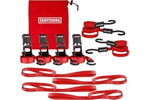 CRAFTSMAN CMXAZBS777 Black/Red 10-Piece Tie-Down Kit with Ratchet Straps, Bungees, Soft Loops and Storage Bag (1,500 lb Break Strength) - Cargo Management and Hauling