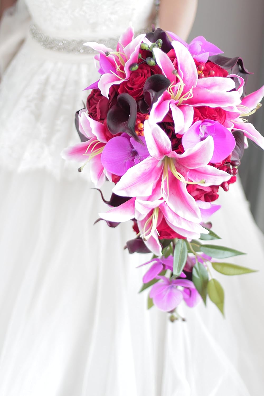 Amazon Com Iffo Red Rose Lily Bouquet Waterfall Style Bridal Wedding Bouquet Wedding Bouquet Home Kitchen