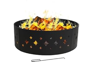 Sunnydaze 36-Inch Outdoor Fire Pit Ring with Poker - Round Heavy-Duty Steel Fire Ring for Camping or Backyard - Diamond - 10" H
