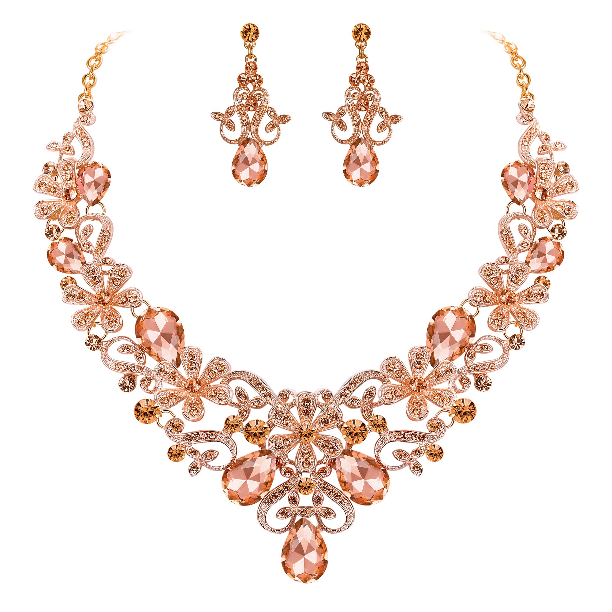 Clearine Women's Costume Elegant Crystal Flower Teardrop Statement Necklace Dangle Earrings Set Peach Morganite Color Rose-Gold-Toned