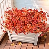 INQCMY Artificial Fall Flowers for Outdoor, 12 Bundles Faux Pansy Fake Mums Flowers Plants Outdoor Fall Decor, UV Resistant No Fade Silk Flower for Porch Planter Patio Yard Garden(Orange Autumn Red)