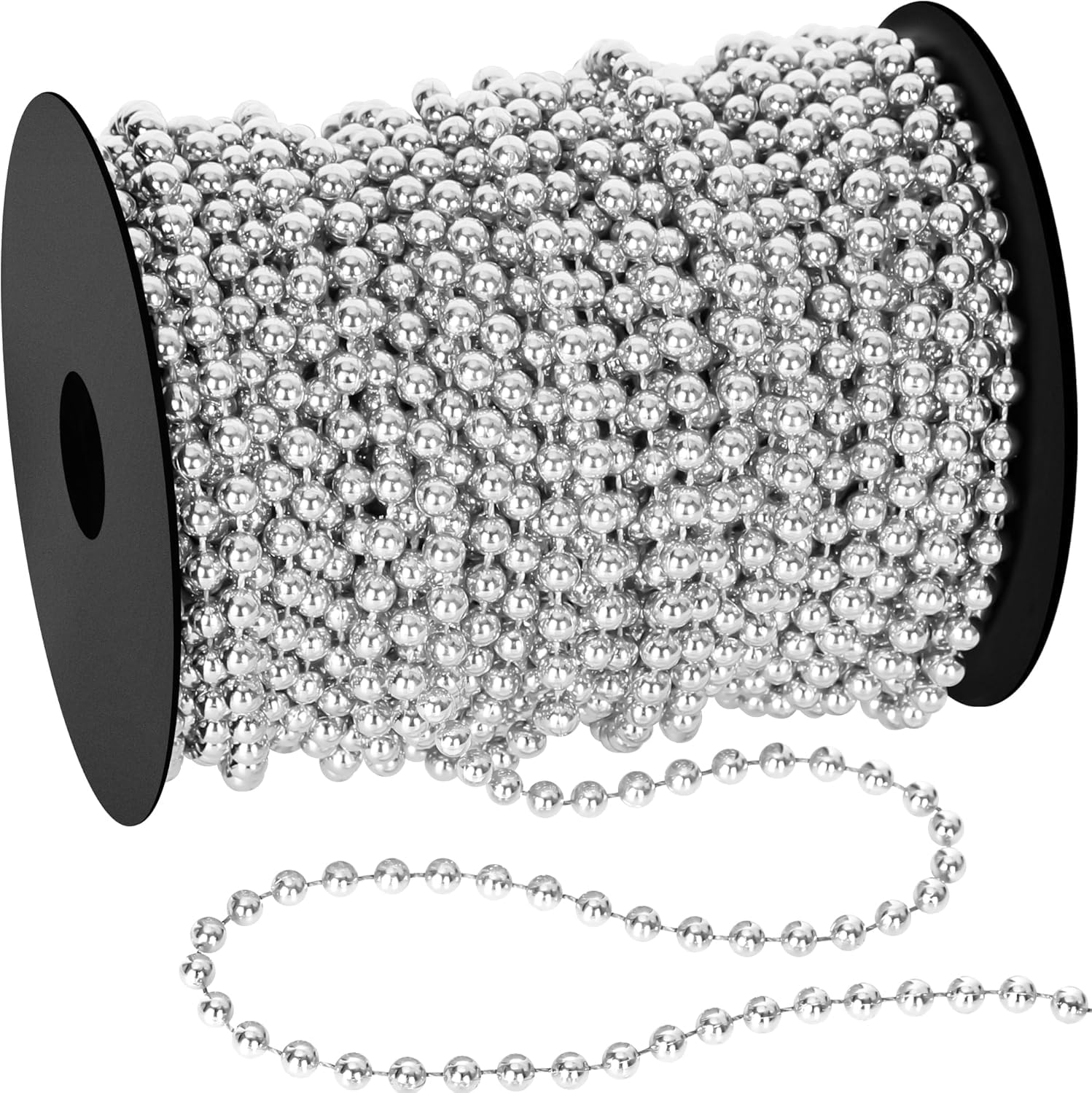 KAHEIGN 20M Christmas Bead Garland, 8mm Plastic Beads Chain Artificial Pearls Strands Xmas Bead Garland Roll for Christmas Tree Holiday Wedding DIY Decoration Supplies (Silver)
