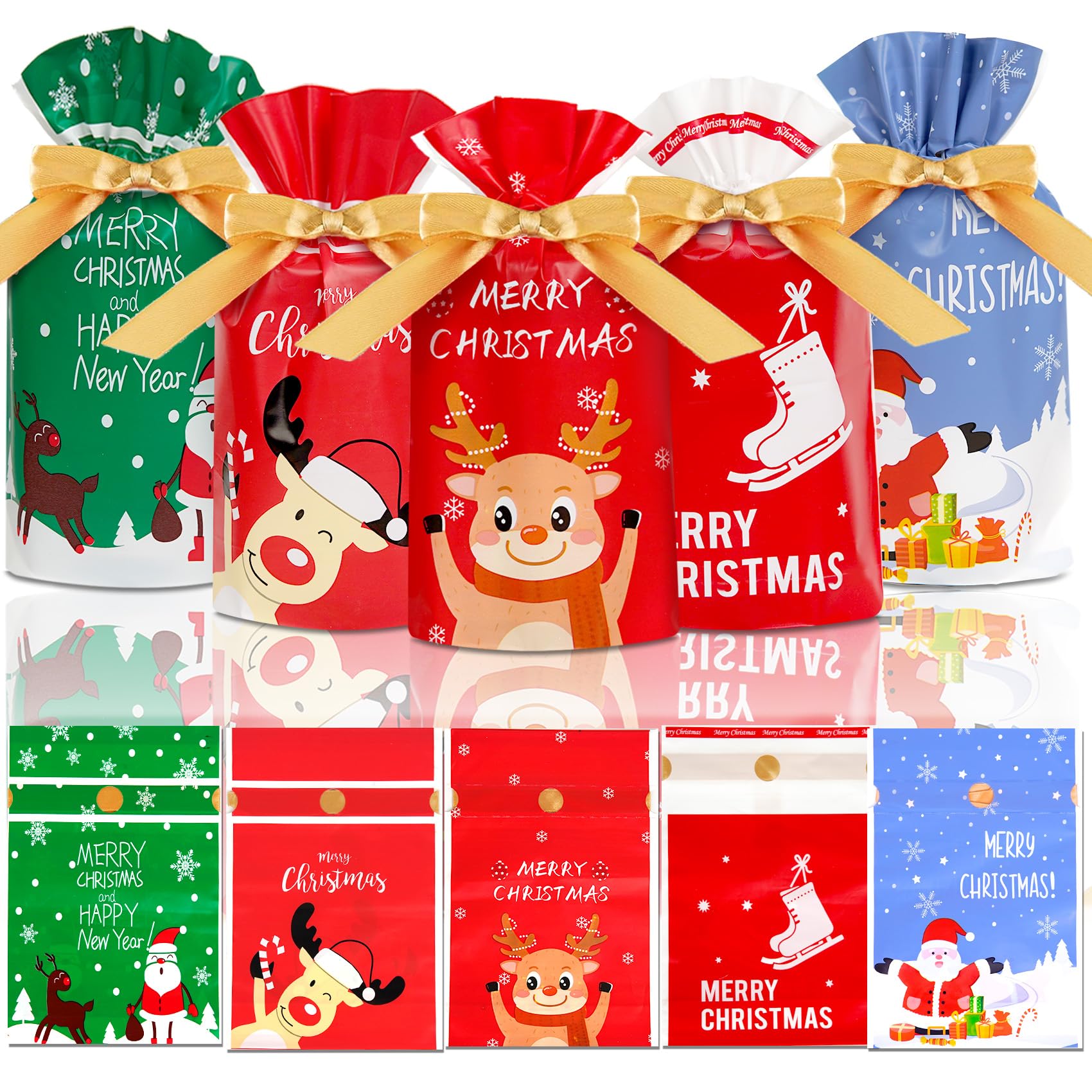 50 Pcs Christmas candy bag Christmas treat bags Candy Goodies Plastic Drawstring Gift Bags Merry Christmas Treat Bags for Birthday Party Snack Wrapping Wedding Gift Party Favor Merry X-mas
