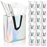 GouZaak 30 Pack Iridescent Gift Bags, Holographic Reusable Gift Bags With Black Handles And 2 Style Tissue Paper, 8 x 4 x 10 Inch Medium Size, Iridescent Party Favor Bags For Wedding Birthday Holiday