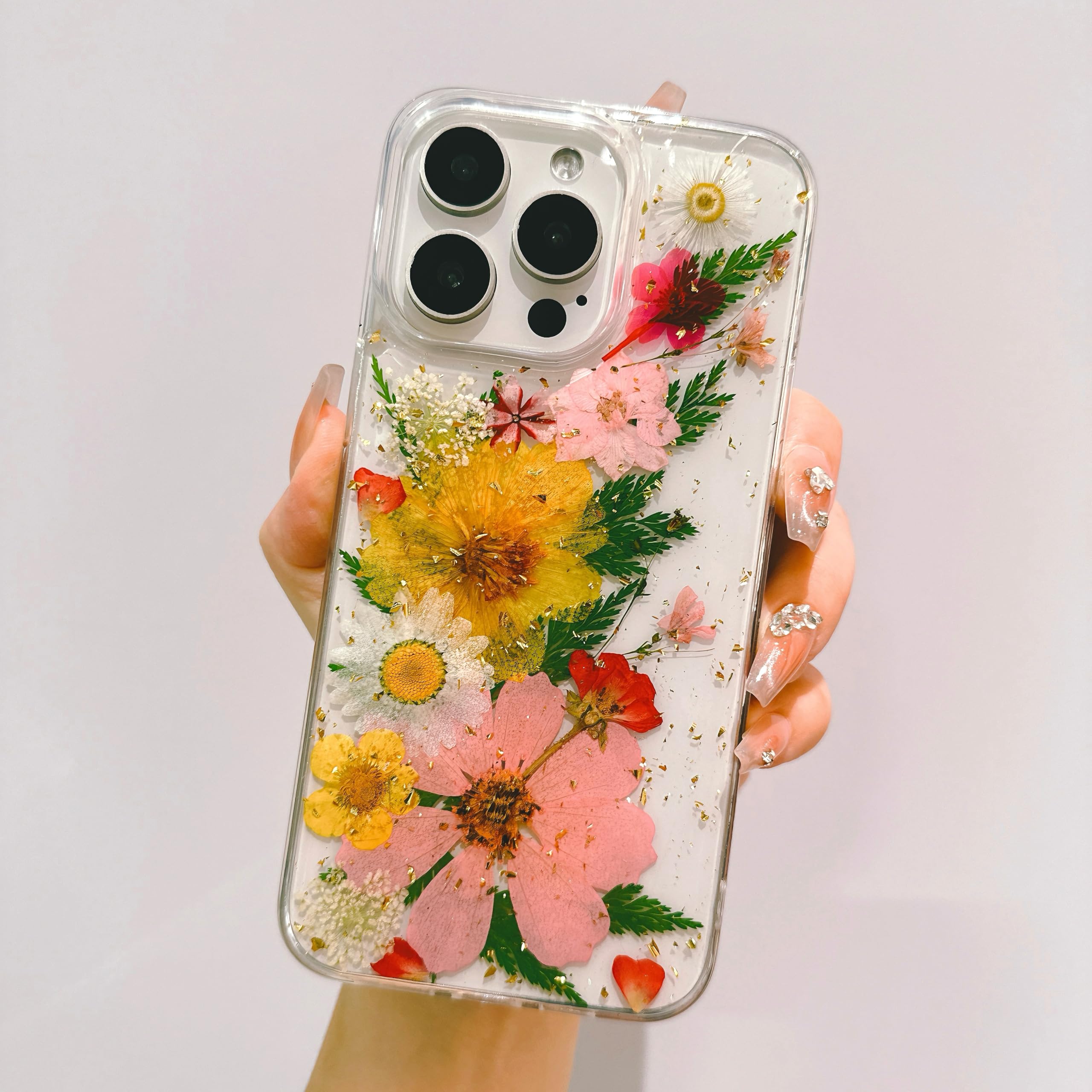 EYZUTAK Case for iPhone 15 Pro Max, Bling Glitter Sequin Handmade Real Dried Flower Leaf Embedded Pressed Floral Flexible Clear Soft Rubber Gel TPU Protective Bumper Back Cover - Pink+Yellow