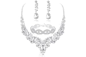 FIASASO Silver Bridal Jewelry Set for Women Rhinestone Wedding Necklace Bracelet Dangle Earrings for Bride Bridesmaid Prom Jewelry Accessories