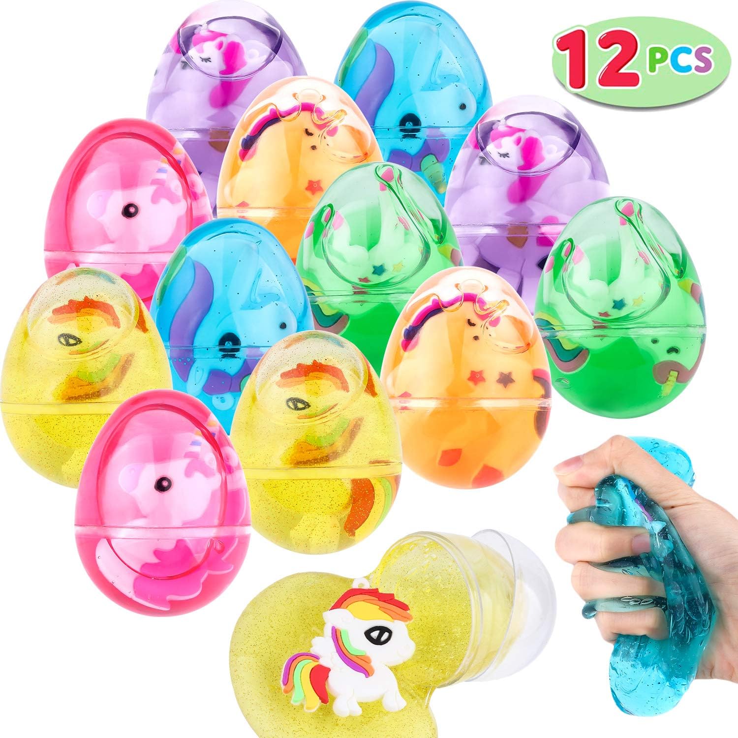 Tinabless 12 PCs Party Favor Putty Slime Eggs, Fluffy & Stretchy Slime with Unicorn Toy for Kids, Stress Relief Sludge Toys, Prefilled Easter Theme Party Favor Supplies, Easter Basket Stuffers