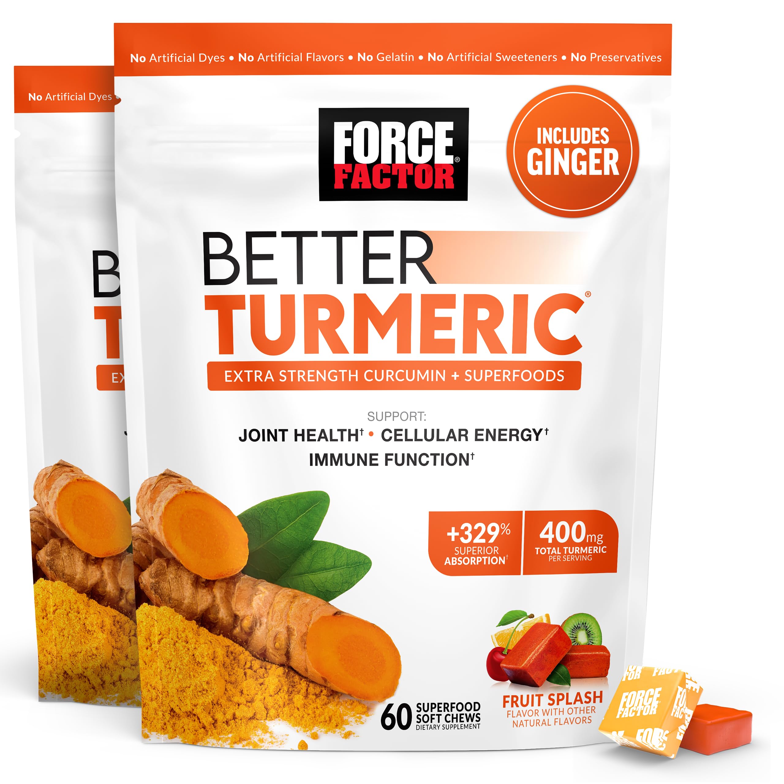 Force Factor Better Turmeric Joint Support Supplement for Extra Strength Joint Health, Featuring HydroCurc Turmeric Curcumin with Black Pepper for Superior Absorption, Fruit Splash, 120 Soft Chews