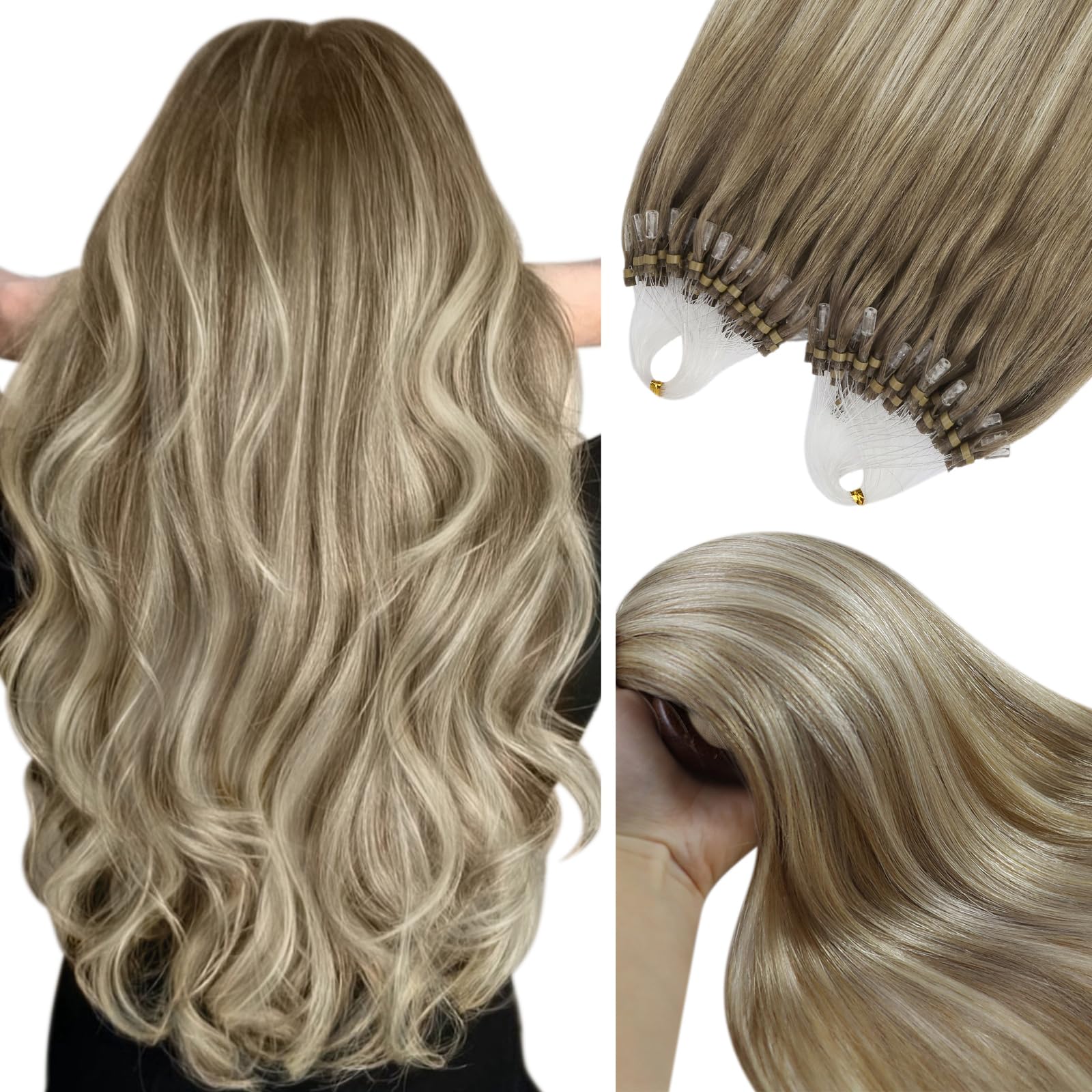 YoungSee Micro Ring Hair Extensions Brown 18inch Micro Beads Hair Extensions Ombre Light Brown to Blonde Hair Extensions Ombre Micro Loops Pre Bonded 50g Cold Fusion 50s Smooth