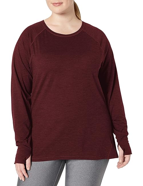 Amazon Essentials Women's Brushed Tech Stretch Long-Sleeve Crewneck Shirt - Discontinued Colors, Burgundy Space Dye, X-Small