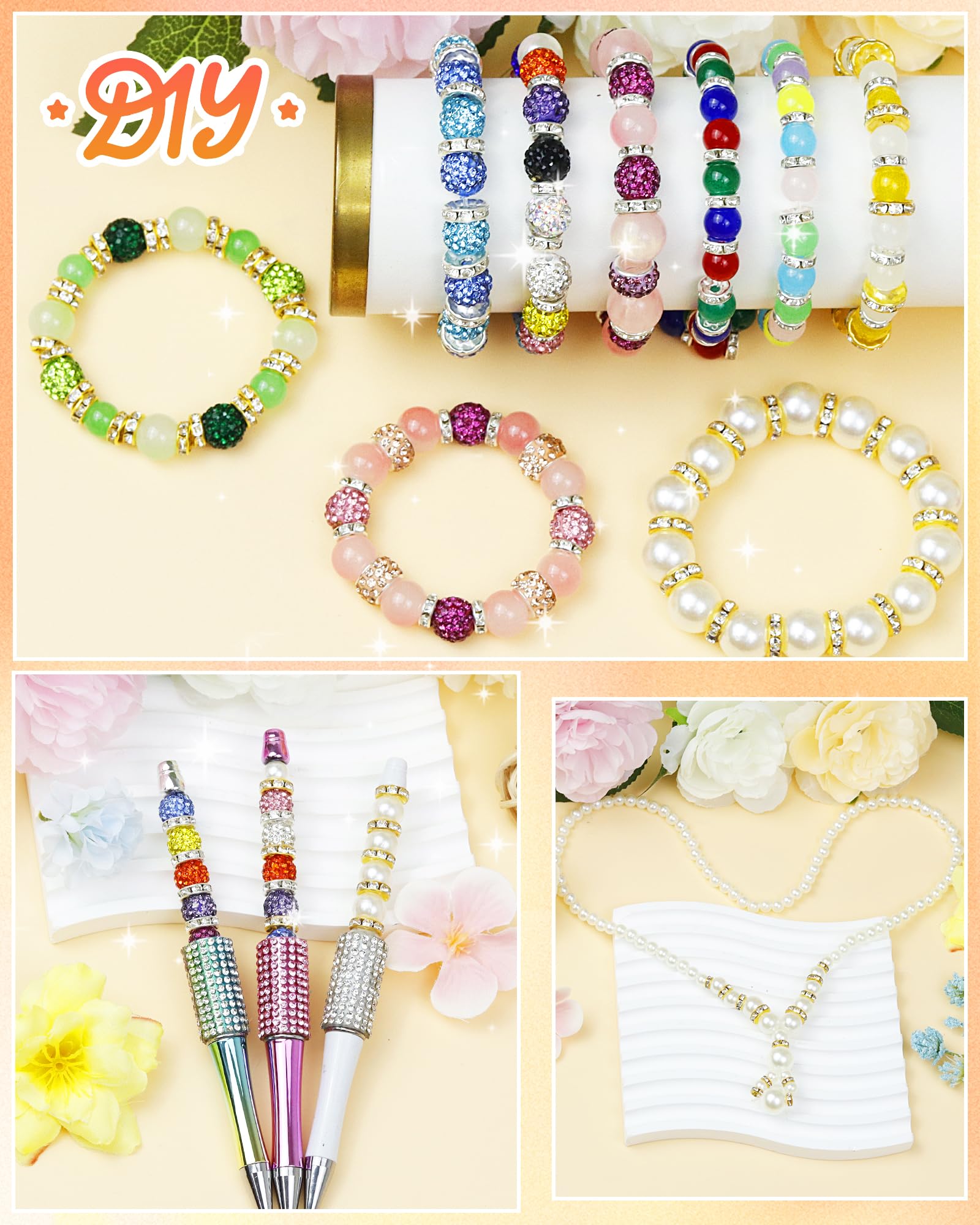 300pcs FIVEIZERO Rondelle Spacer Beads for Jewelry Making, 6mm, 8mm, 10mm Beads with Holes, Gold & Silver Rhinestone Beads for Beaded Pens, Craft Projects, Bracelets & Necklaces