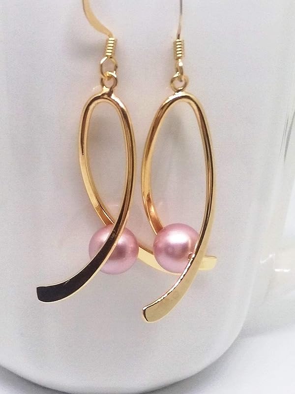 Breast Cancer Awareness Ribbon Earrings. Gold Plated with Pink Swarovski Pearls