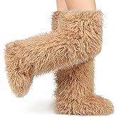 IXU Thigh High Fur Boots,Over the Knee Furry Boots for Women,Fuzzy Fluffy Tall Long Faux Boot Snow Winter Round Toe