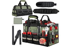 KUMDIYIT 20 Inch Heavy Duty Tool Tote-48 Pockets,1680D Tear&Abrasion Resistant,Includes Tool Pouch,Tool Belt,Magnetic Wristband&Adjustable Shoulder Strap | Tool Organizer(Green)