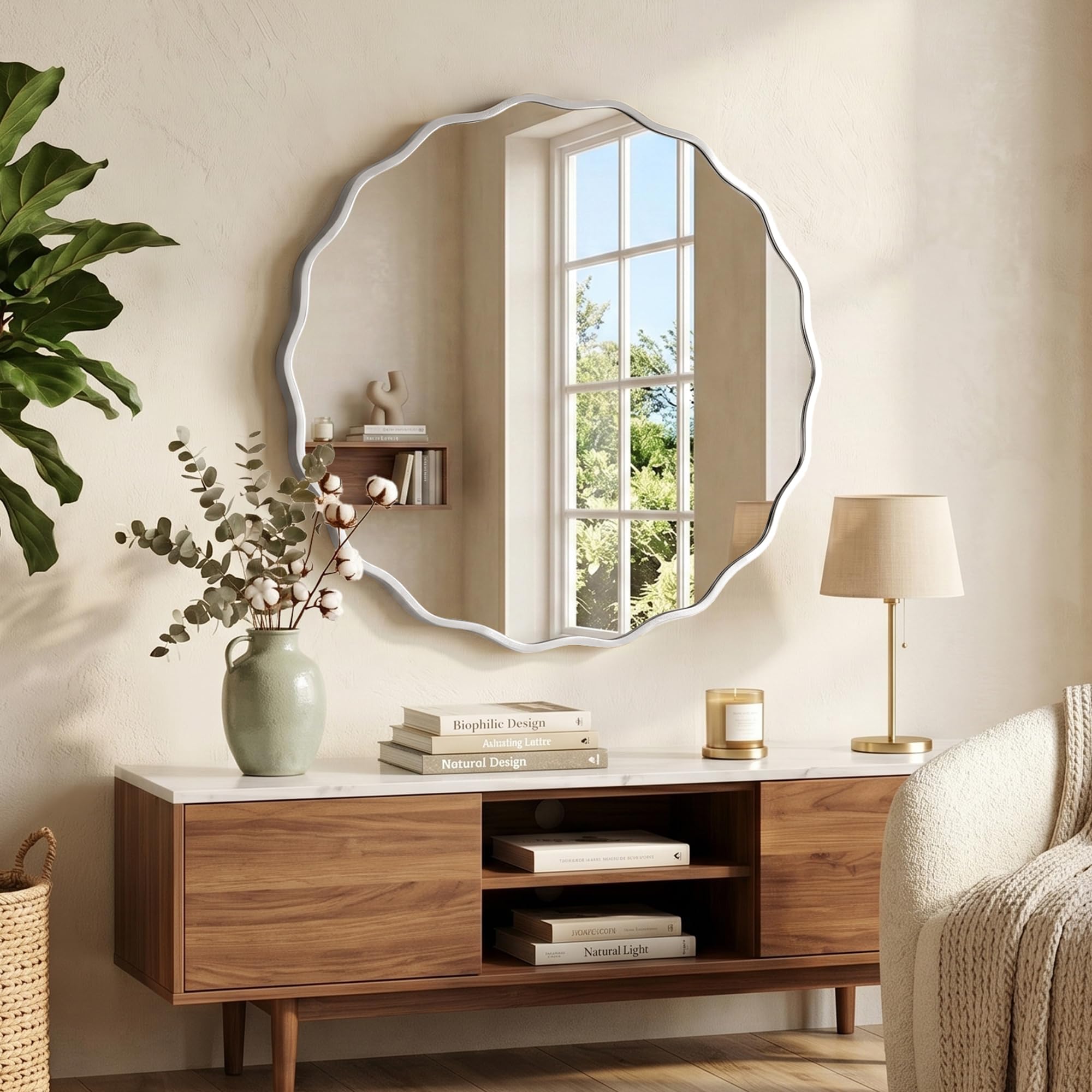 Fahomiss Wavy Runder Wandspiegel mit gebürstetem Aluminiumrahmen & gehärtetem Sicherheitsglas für Badezimmer, Flur & Wohnzimmer 5