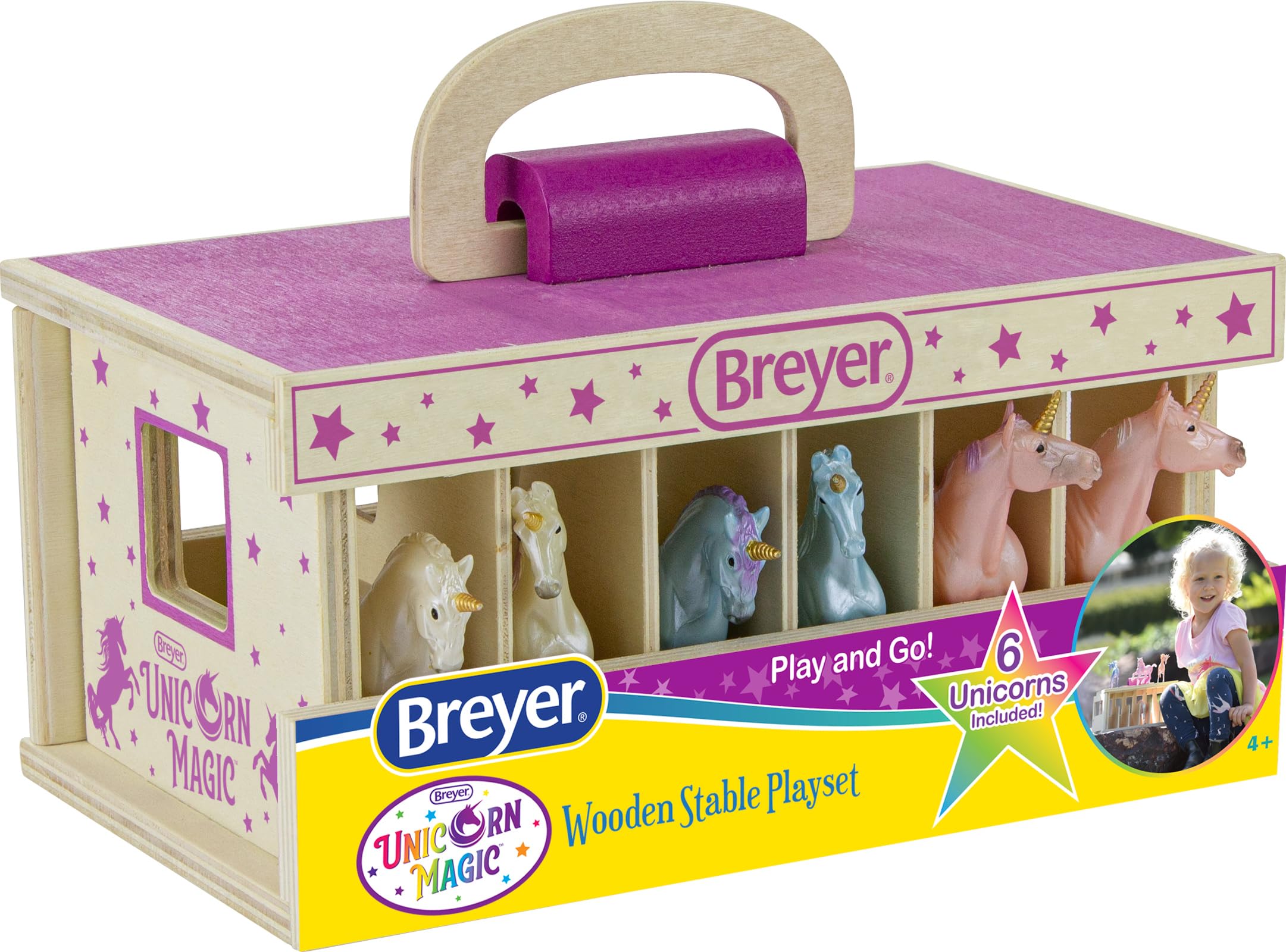 Breyer Unicorn Magic Wooden Carry Stable Playset with 6 Unicorns – Unicorn Gifts for Girls | Toys for Kids Ages 4–8 | Hand-Painted Horses in Carrying Case | Imaginative Play Set
