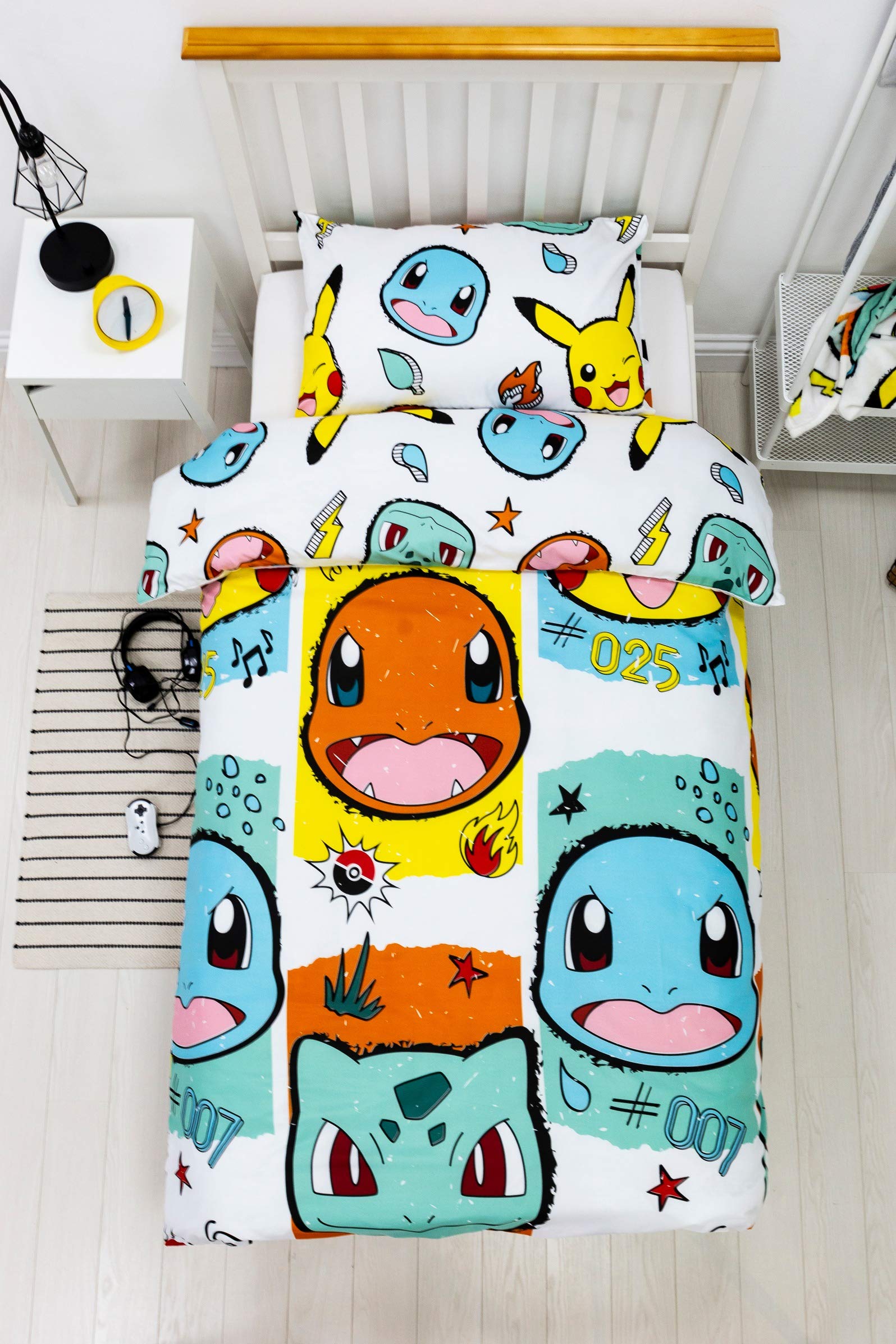 Character World Single Duvet Cover Reversible Two Sided Rocks Fun Bedding Featuring Pikachu, Squirtle & Charmander with Matching Pillow Case, Multi Coloured, 200 x 135cm (Single) PKNROCDS002UK1