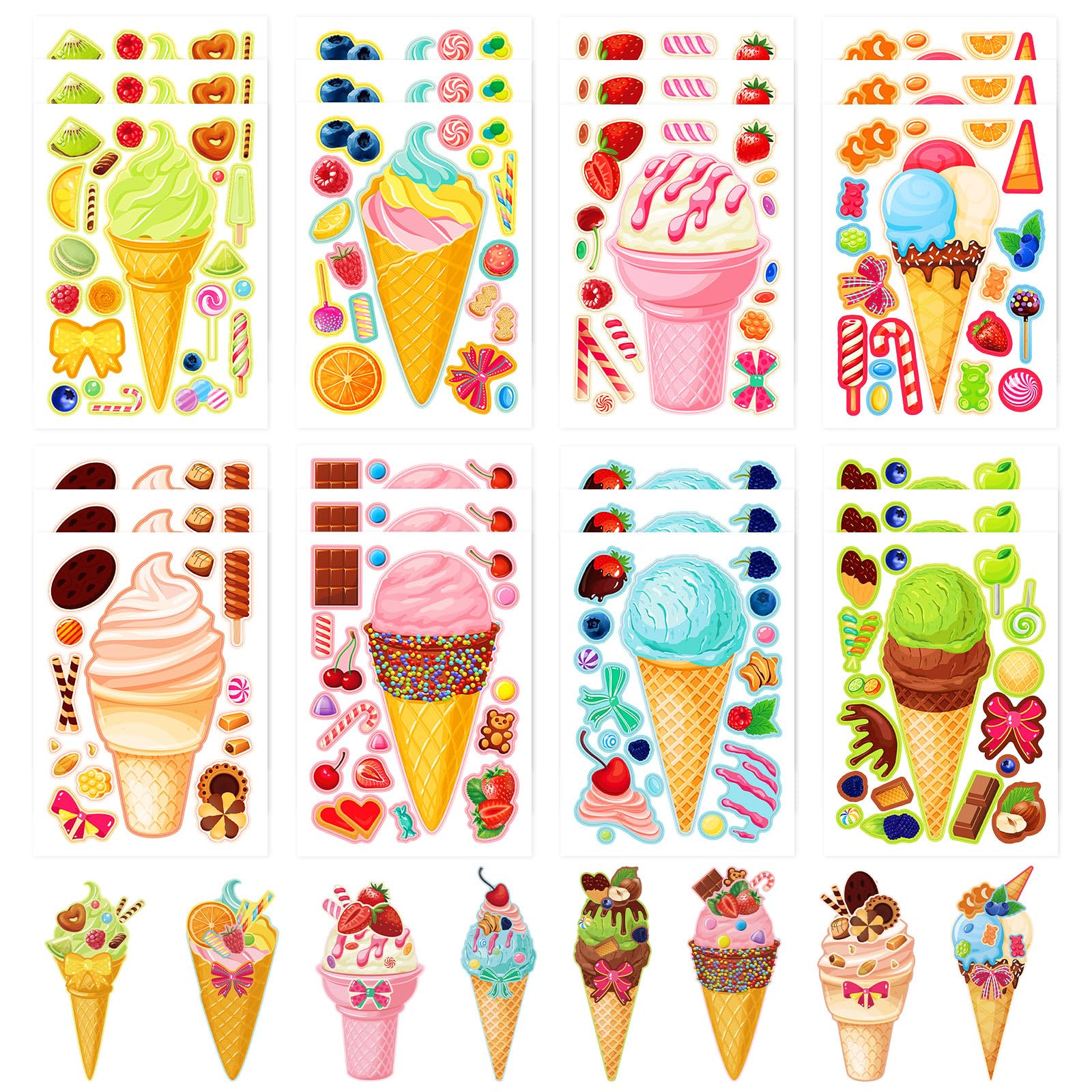24 Sheets Ice Cream Make a Face Sticker Sheets for Kids Todders Activities, Make Your Own Stickers for Kids Birthday Party Favor Supplies Craft