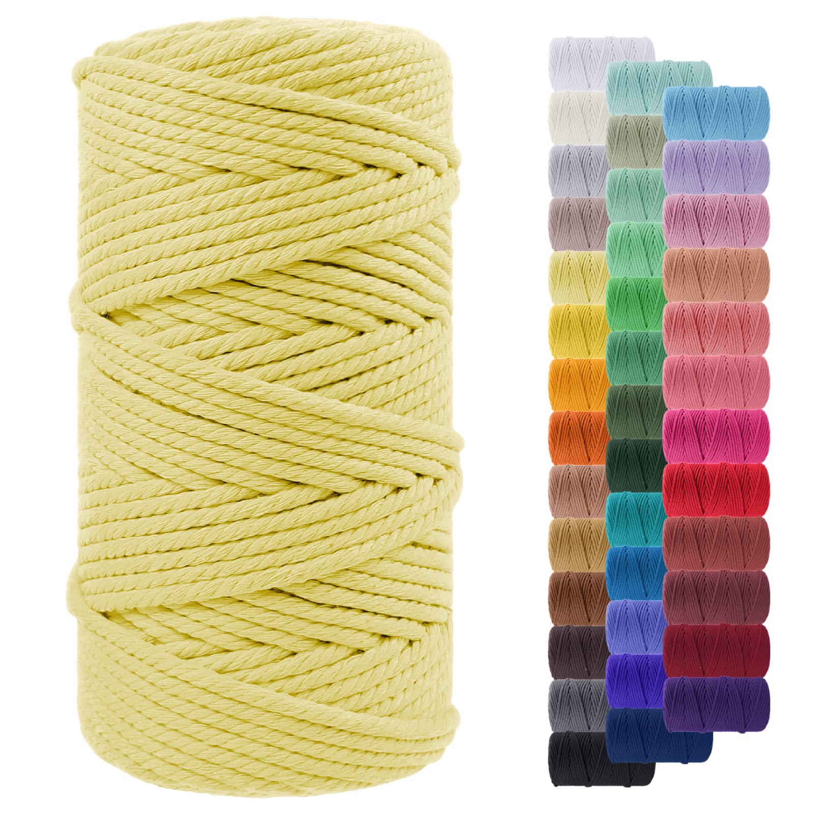 LEREATI Macrame Cord 5mm x 100m, Thick Macrame Rope Yarn Natural Cotton Cord, 4 Strand Twisted Colored String for Wall Hanging Plant Hanger DIY Crafts Boho Decor (Light Yellow)