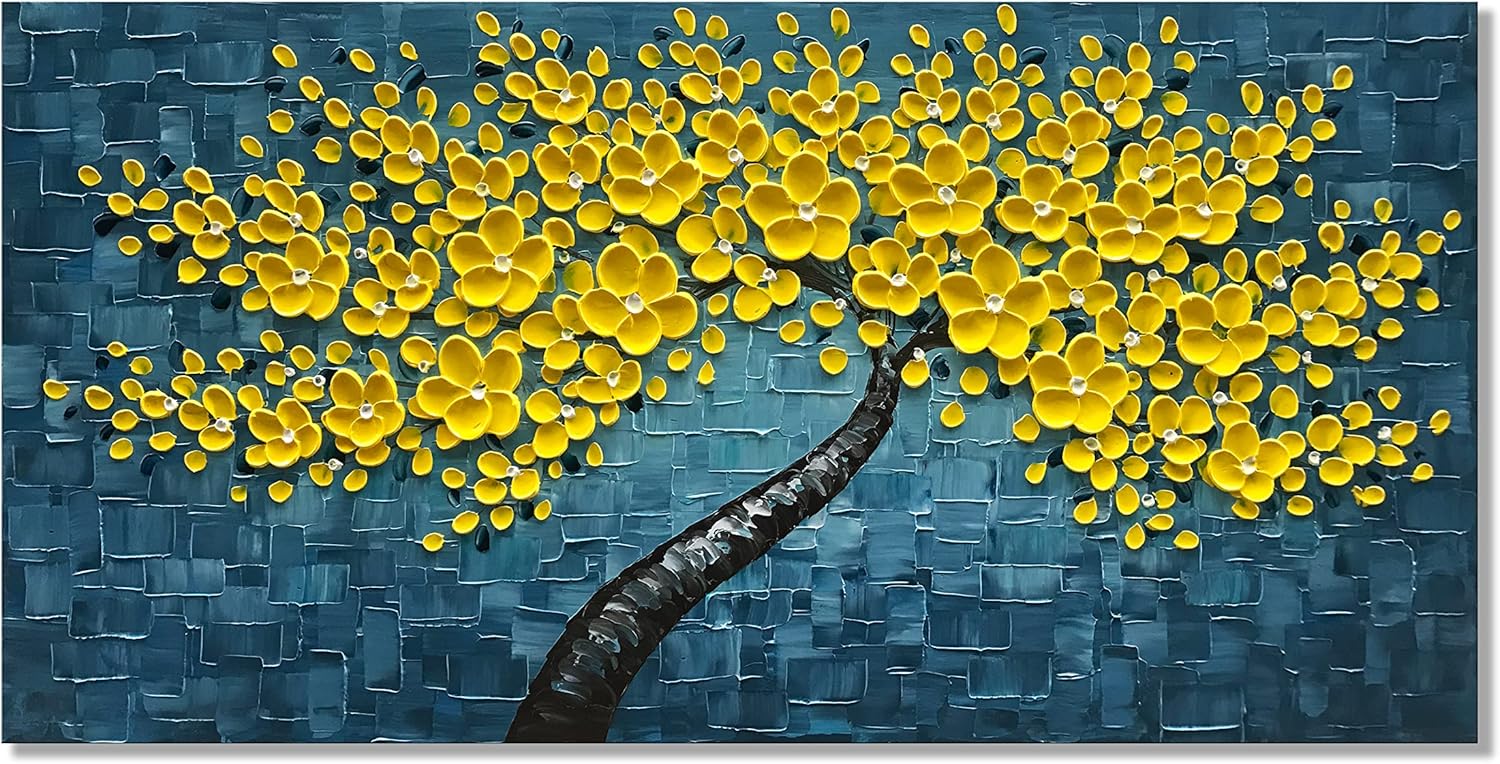 Paintings - Diathou Hand-Painted 3D Flowers Painting Blue & Yellow Contemporary Tree and Flower Art Works Original Oil Painting on Canvas Wall Art living Room and Bedroom Wall Decoration Art 24x48-inch