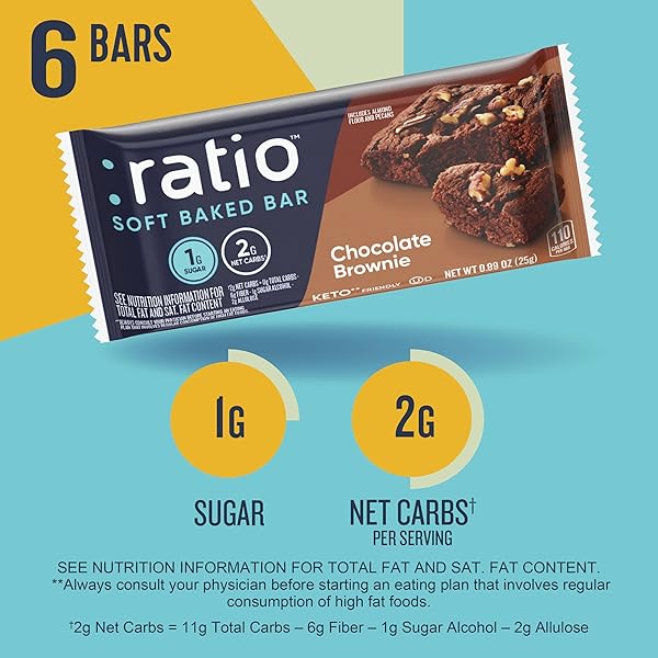 RATIO SOFT BAKED BARS, CHOCOLATE BROWNIE, 1G SUGAR, KETO FRIENDLY, 5.34 OZ (6 BARS)