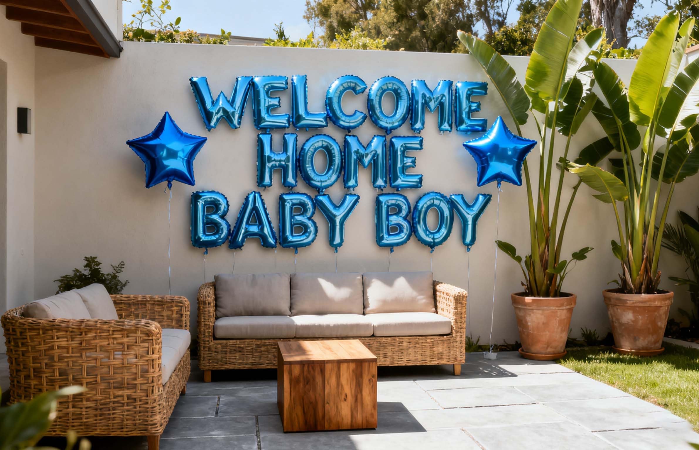 Fechy Welcome Home Baby Boy Letter Balloon Banner with Star Foil Balloons for Newborn Baby Boy Baby Shower Welcome Home Family Party Decorations(Blue)