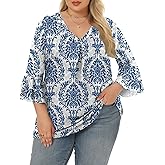 Rapbin Womens Plus Size Tops 3/4 Length Sleeve V Neck Pleated Shirts Loose Fit Tunic Blouse (1X-5X)
