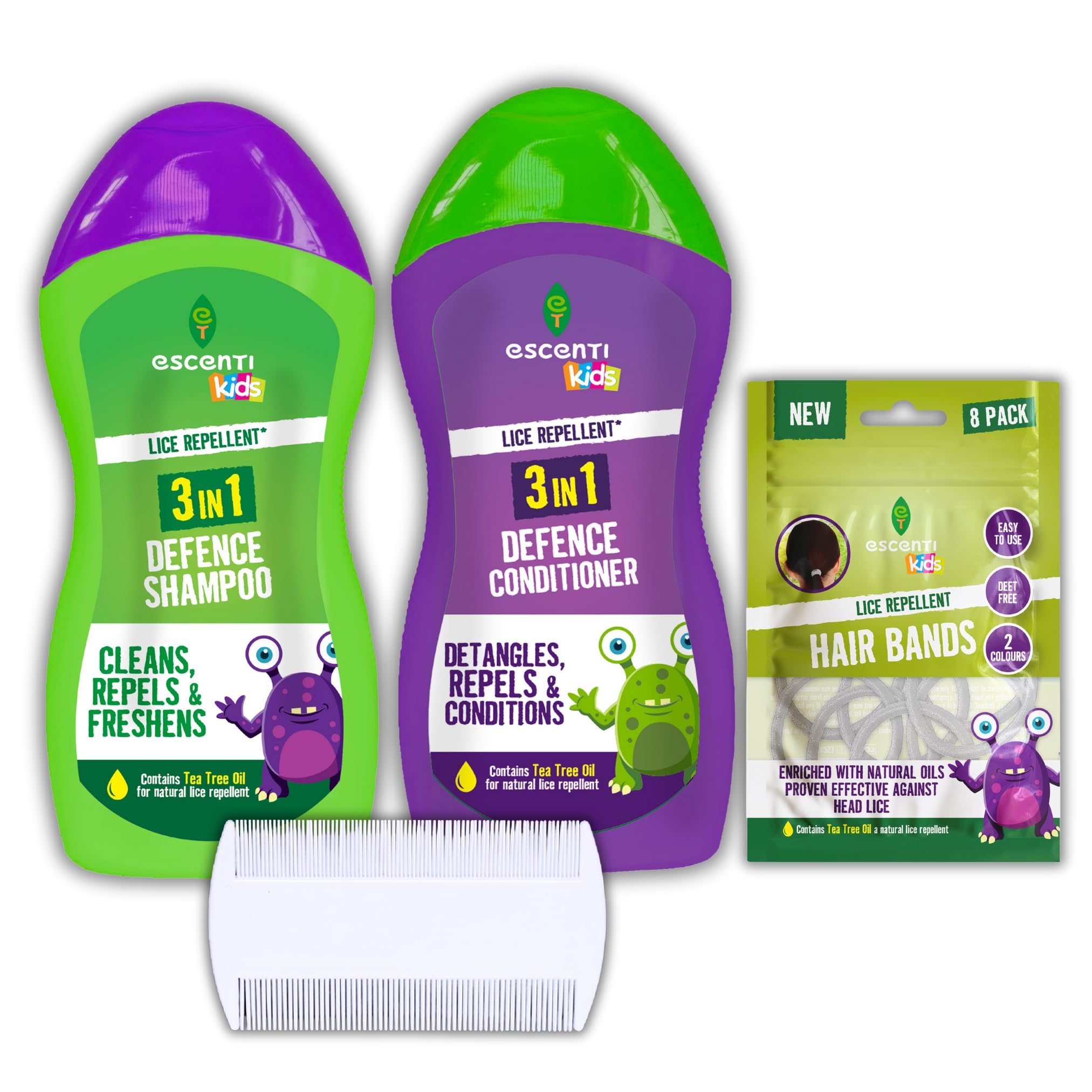 Escenti Kids 3in1 Head Lice Prevention Set - Head Lice Shampoo and Conditioner, Nit Comb and Lice Repellent Hair Bands 8pk