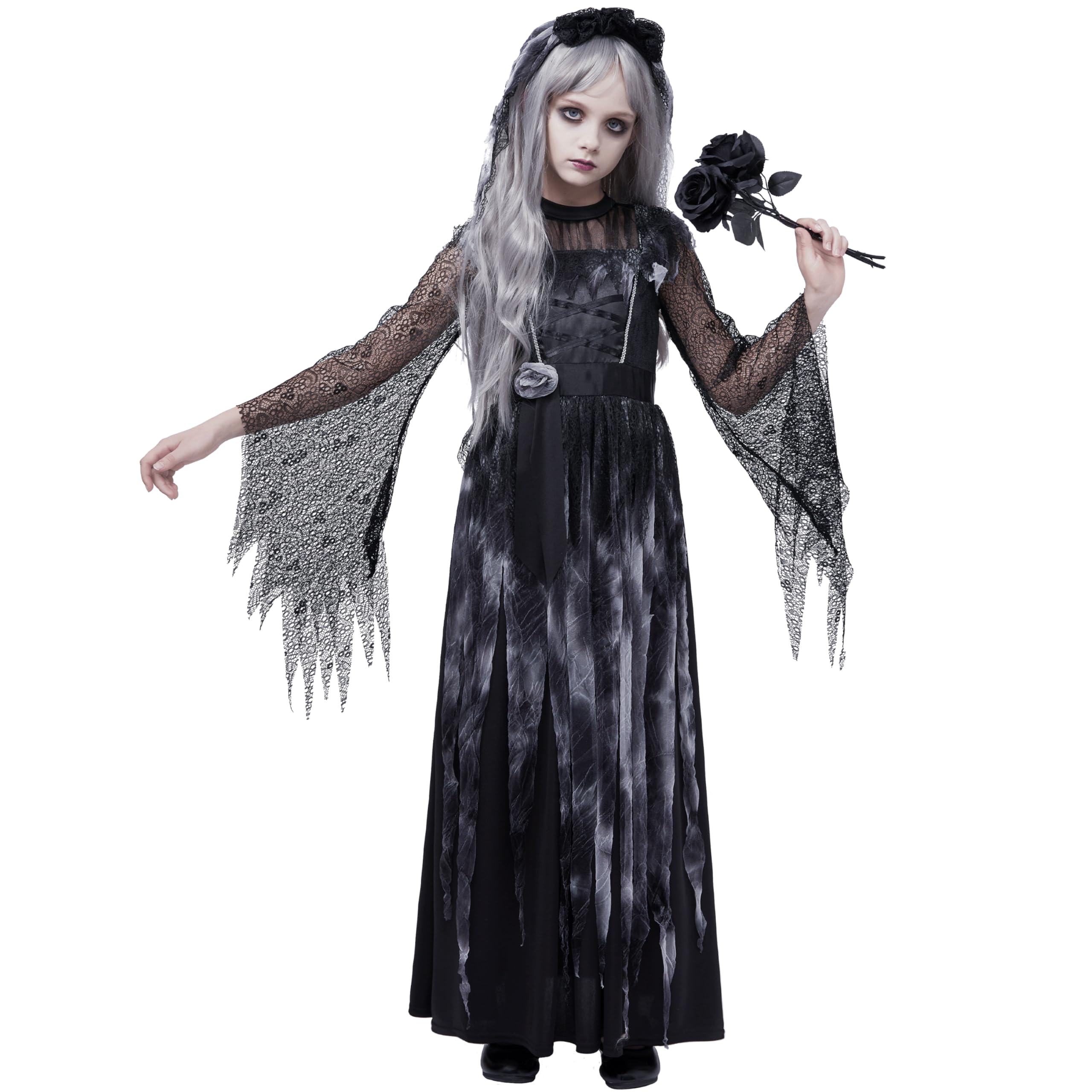Photo 1 of Spooktacular Creations Haunted Princess Costumes for Girls, Kids Scary Cemetery Bride Dress, Zombie Gothic Outfits with Headband for Halloween Ghost Role Playing Parties