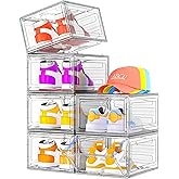 Sturdy Clear Shoe Organizer with Magnetic Door, Stackable Shoe Storage Box | Thick Plastic Shoe Storage for Sneakers &amp; Boots, Collapsible Closet Shoe Rack and Clear Shoe Box, 6 Pack White