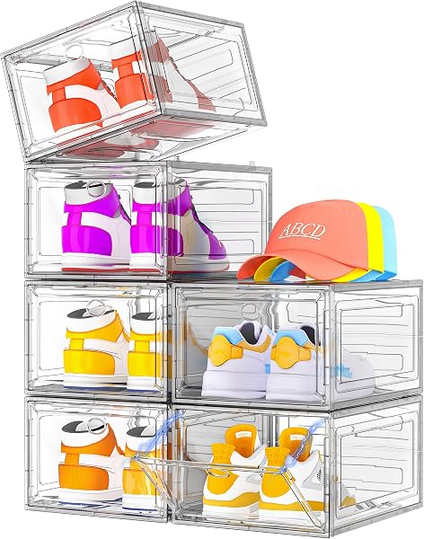 7 code Shoe Organizer, Clear Thickened Stackable Shoe Boxes with Magnetic Door, Collapsible Closet Storage Rack for Sneakers