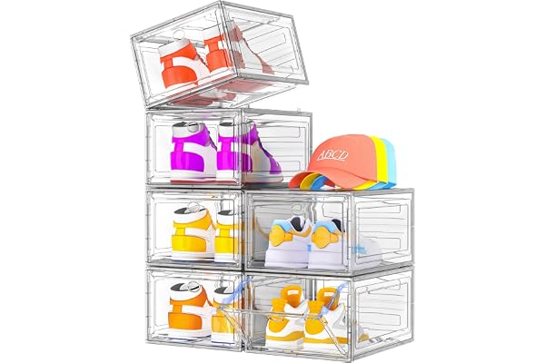 Thicken & Sturdy Clear Shoe Storage Organizer with Magnetic Door, Stackable Boxes for Closet, Foldable Space-Saving Shoe Rack