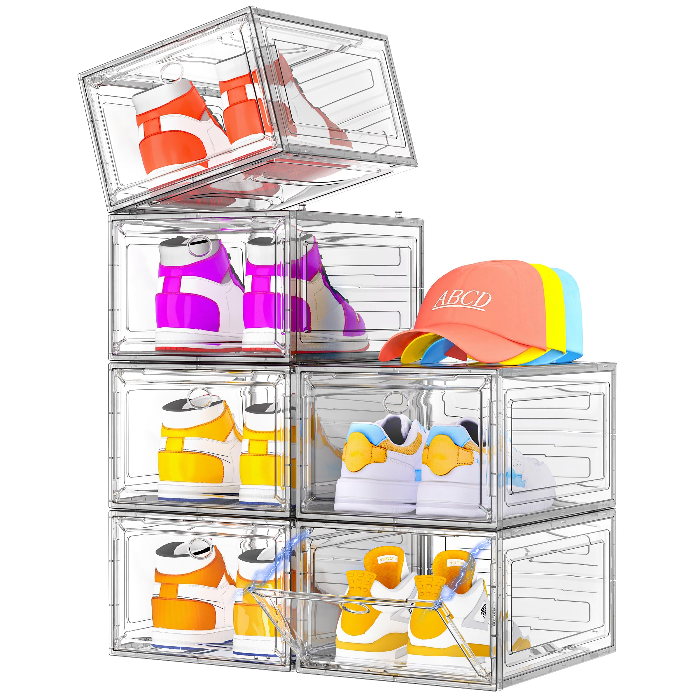 12 Pack Clear Shoe Storage Organizer with Magnetic Door, Stackable Plastic Shoe Boxes for Sneakers, Boots, and Heels, Space-Saving Foldable Shoe Rack for Closet, Durable Shoe Cabinet Organizer, Black