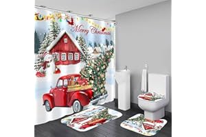 DDQQ 4 Pcs Merry Christmas Shower Curtain Sets, Red Truck Christmas Shower Curtain for Bathroom Set, Christmas Tree Holiday Polyester Fabric Bath Curtain with Hooks for Home Decorations